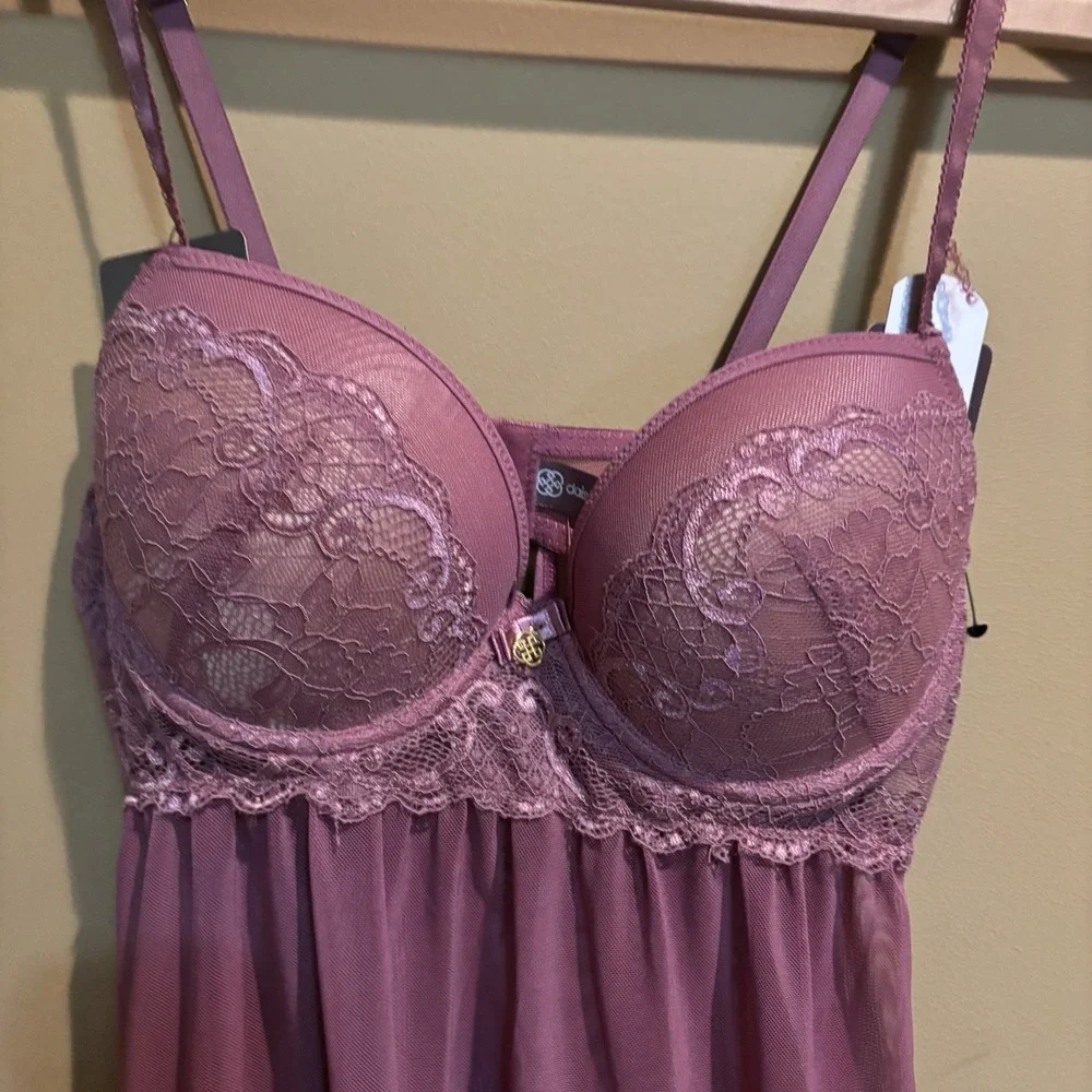 Daisy Fuentes Flirty‎ Babydoll Set Mauvewood Lace Push-Up Lingerie w/ Thong Med